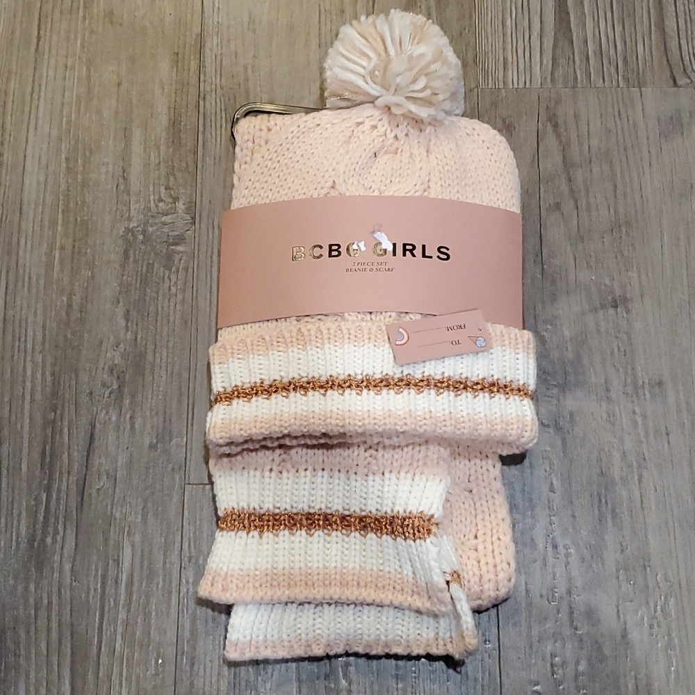 BCBG Girls Scarf & Beanie Hat Set Pink White Copper Metallic Sparkle